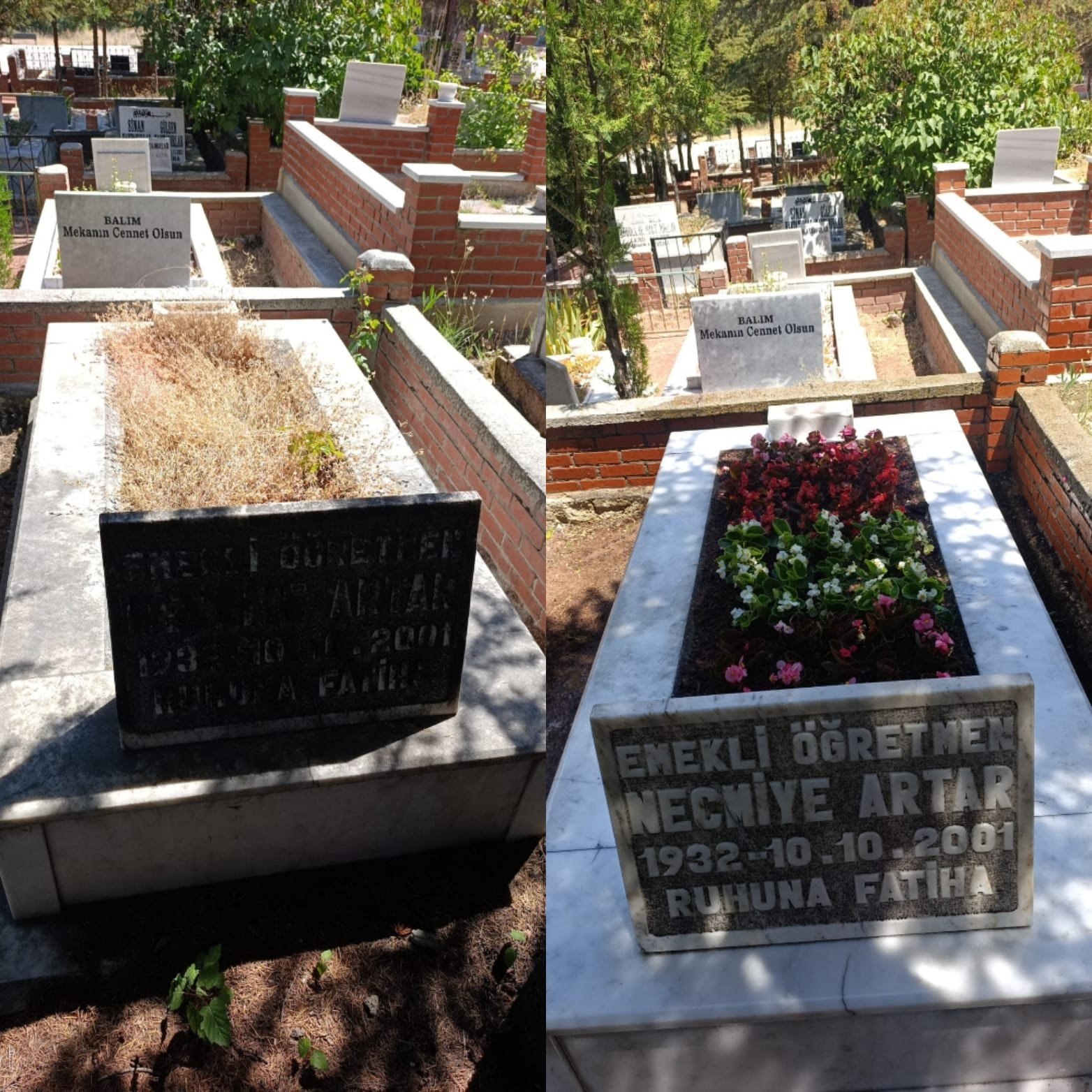 Granit Mezar Bakımı Öncesi Sonrası Ot Temizliği ve Canlı Çiçek Eskişehir
